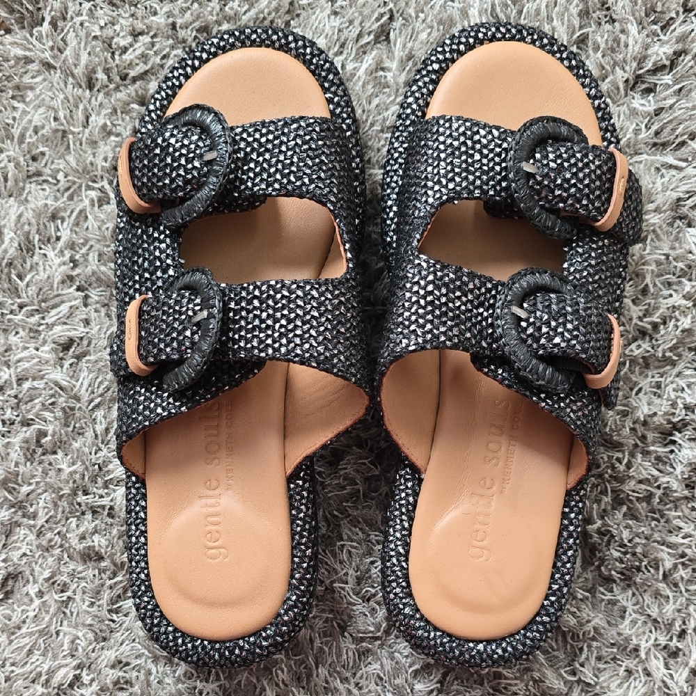 Gentle Souls Black Woven Buckle Sandals
